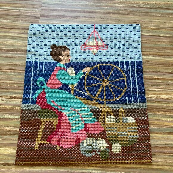 Woman at Spinning Wheel Cross Stitch Embroidery Vintage Completed Wall Hanging - Picture 1 of 4
